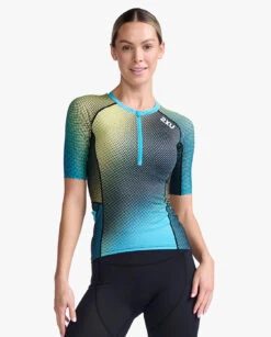 2XU Aero Tri Top Korte Mouw Blauw/groen Dames