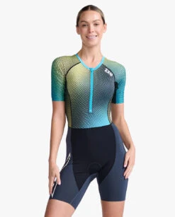 2XU Aero Trisuit Korte Mouw Blauw/groen Dames