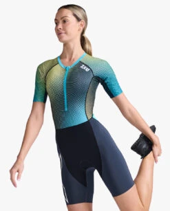 2XU Aero Trisuit Korte Mouw Blauw/groen Dames 14 2XU Aero Trisuit Korte Mouw Blauw/groen Dames -Sport Uitgebreide Kleding Winkel 2xu trisuit aero sleeved wt6431d idk wht 006